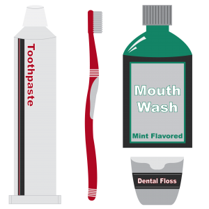 Illustration von Zahnbürste, Zahncreme und Mundpflegeprodukten